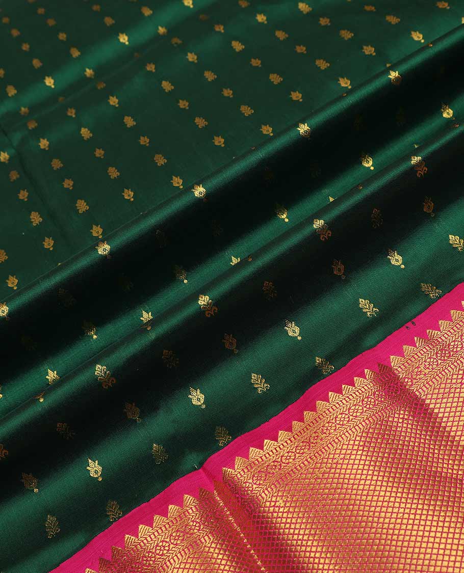 Green pure silk half saree, zari buttas skirt, contrast korvai border of rekku, muthu, laddu kamalam, kuyil kann, and zari designs and jaal pallu