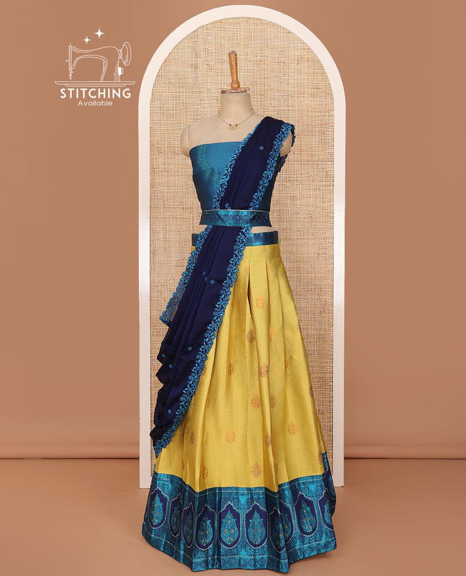 Yellow lehenga set, embossed & zari buttas with contrast Mughal motifs stone work border skirt, jacquard embroidered blouse & floral embroidered scallop border dhavani with belt