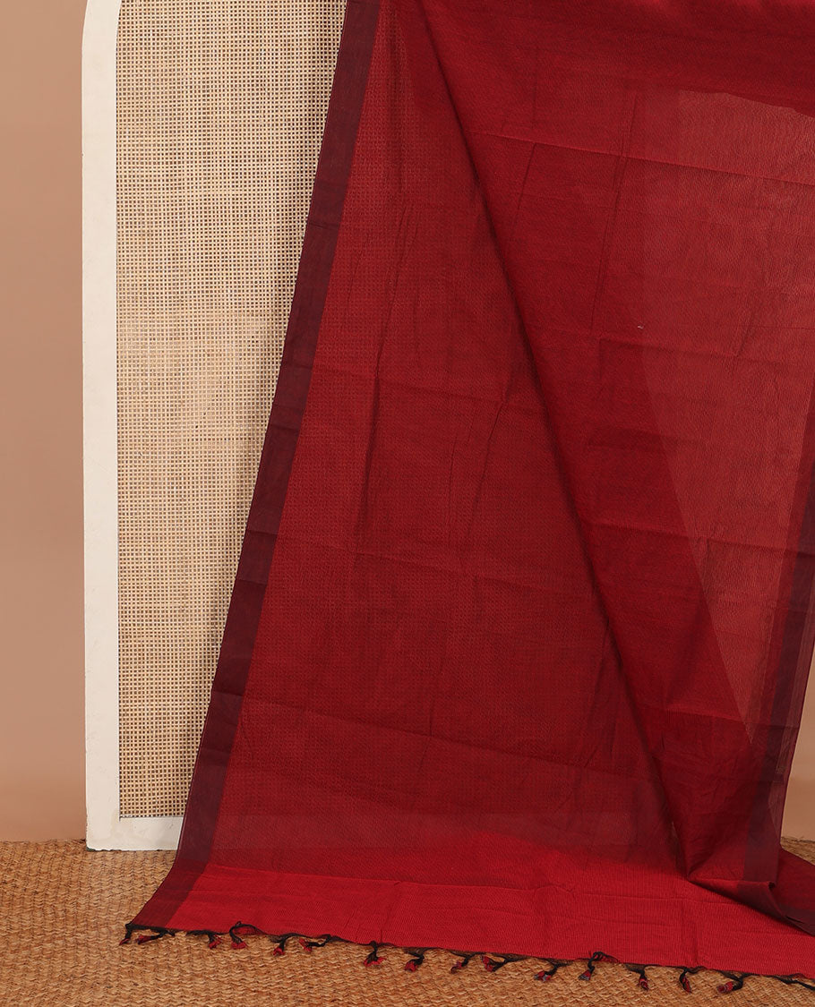 Maroon sparesly striped Mangalagiri Cotton saree, contrast plain border, and contrast kalamkari floral printed blouse