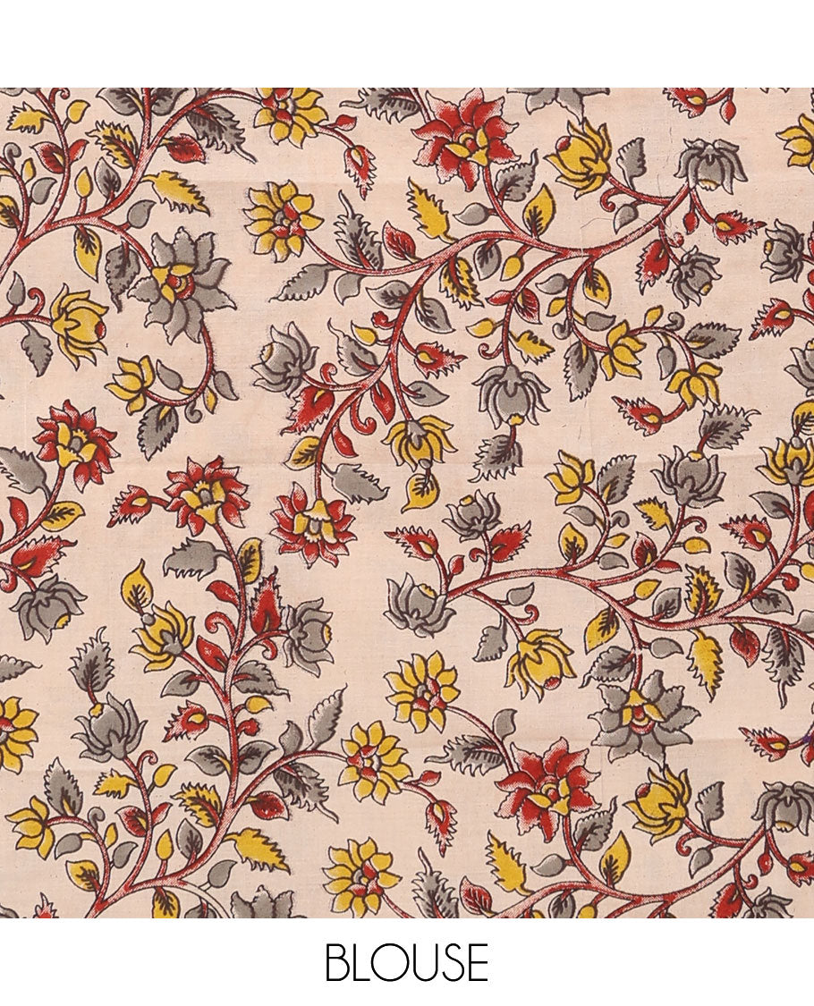 Maroon sparesly striped Mangalagiri Cotton saree, contrast plain border, and contrast kalamkari floral printed blouse