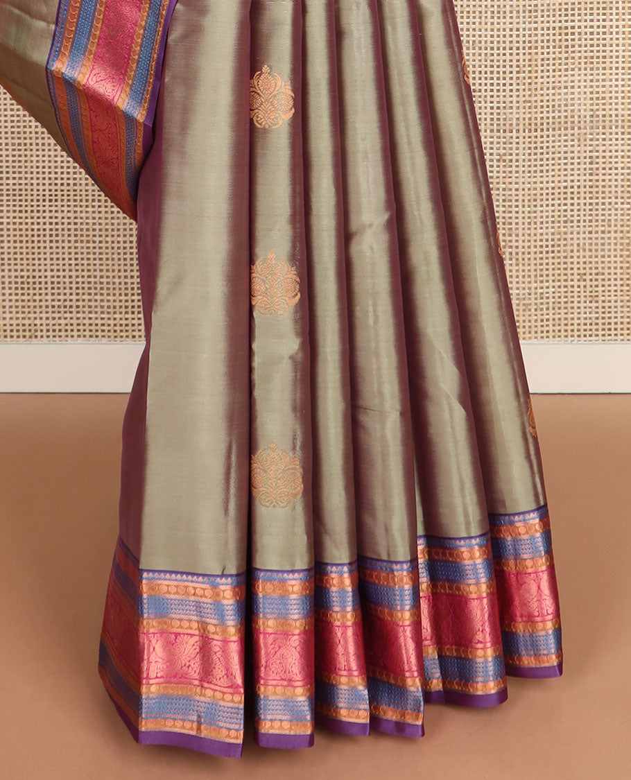 Green zari buttas vasundhara silk mix saree, contrast jaal pallu & border of thilakam,banaras,poun,neli & mayil