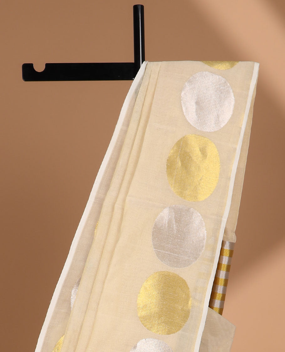 Cream kasavu saree with self geometric design border & struiped pallu