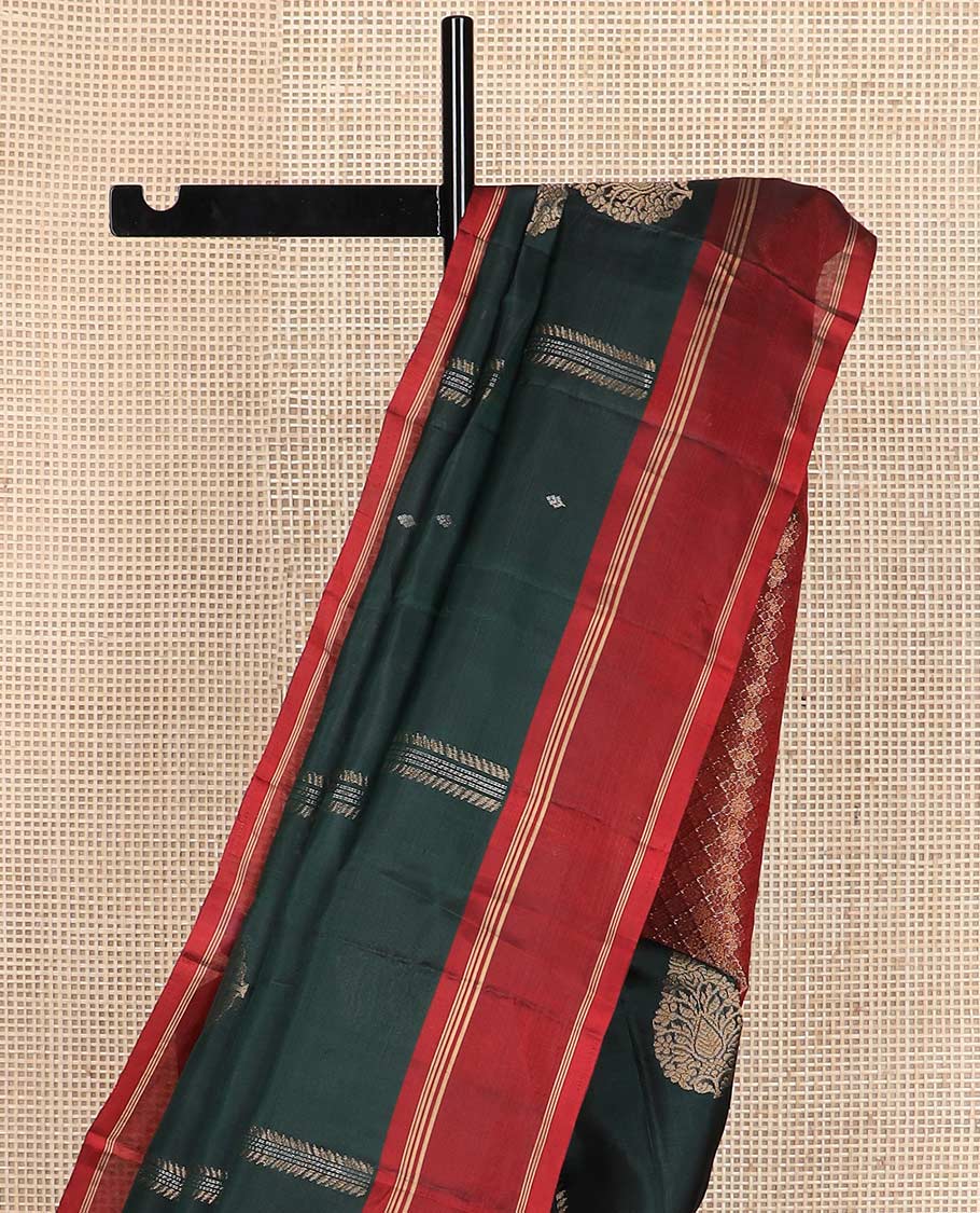 Green zari buttas silk mix saree, contrast rettai pettu zari striped border & pallu of jaal designs