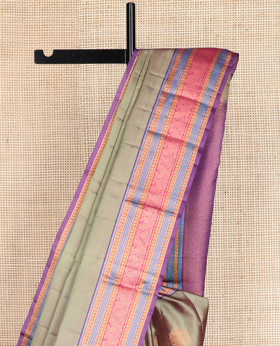 Green zari buttas vasundhara silk mix saree, contrast jaal pallu & border of thilakam,banaras,poun,neli & mayil
