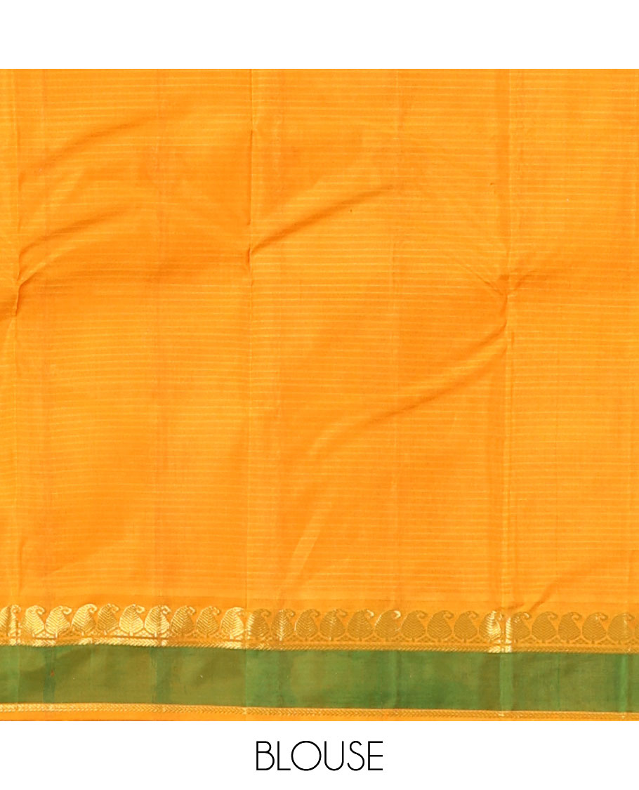 Orange striped and buttas Kanchipuram silk saree, contrast rettai pettu border of paneer sombu, vanki, and kathir designs, and zari design pallu