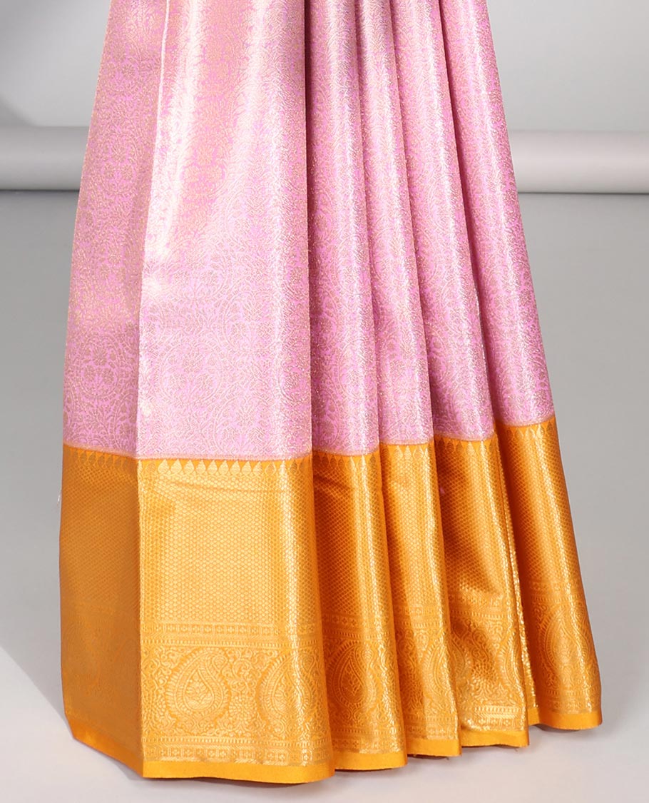 pink floral jacquard budget silk saree with contrast intricate zari design & floral checked zari design pallu
