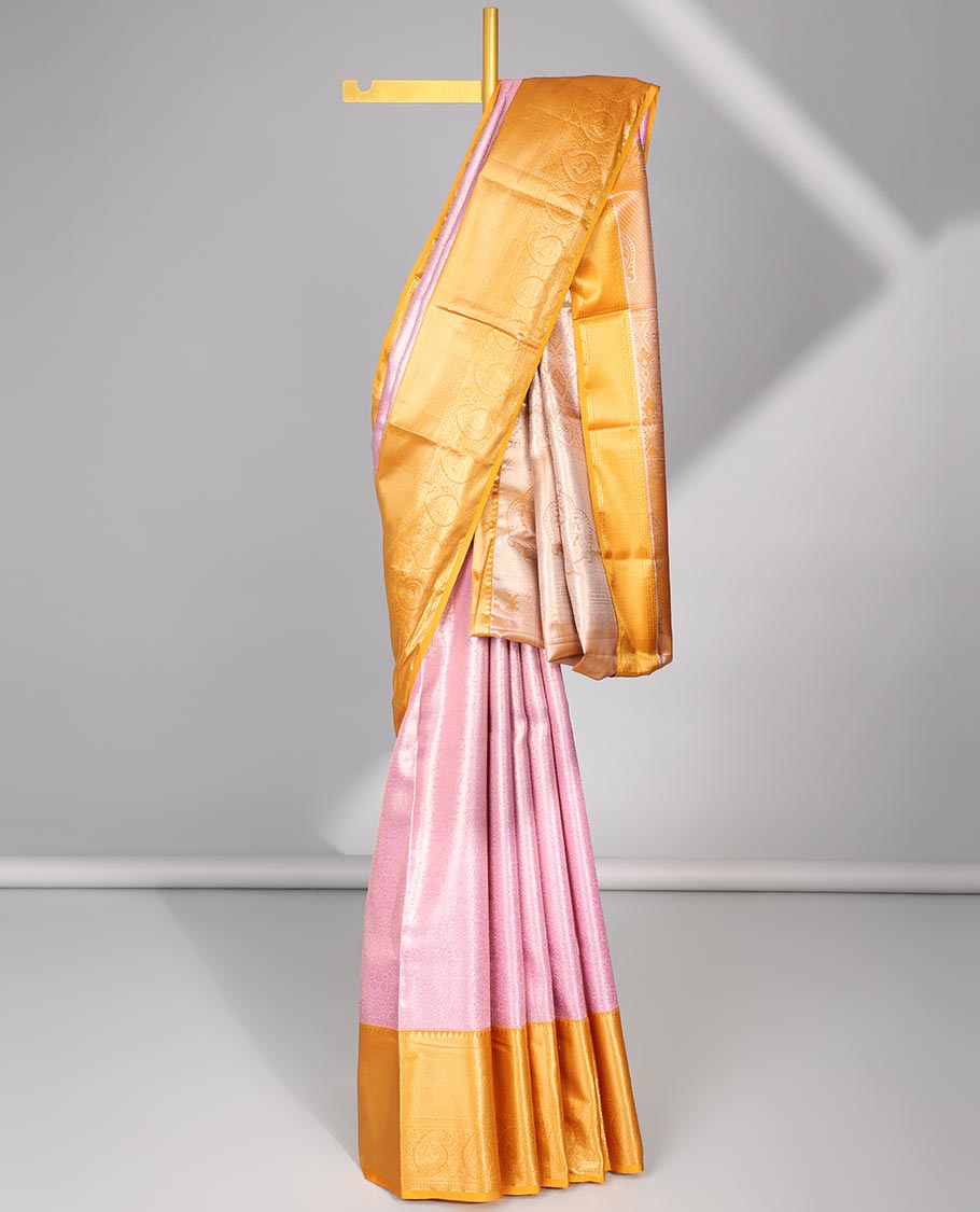 pink floral jacquard budget silk saree with contrast intricate zari design & floral checked zari design pallu