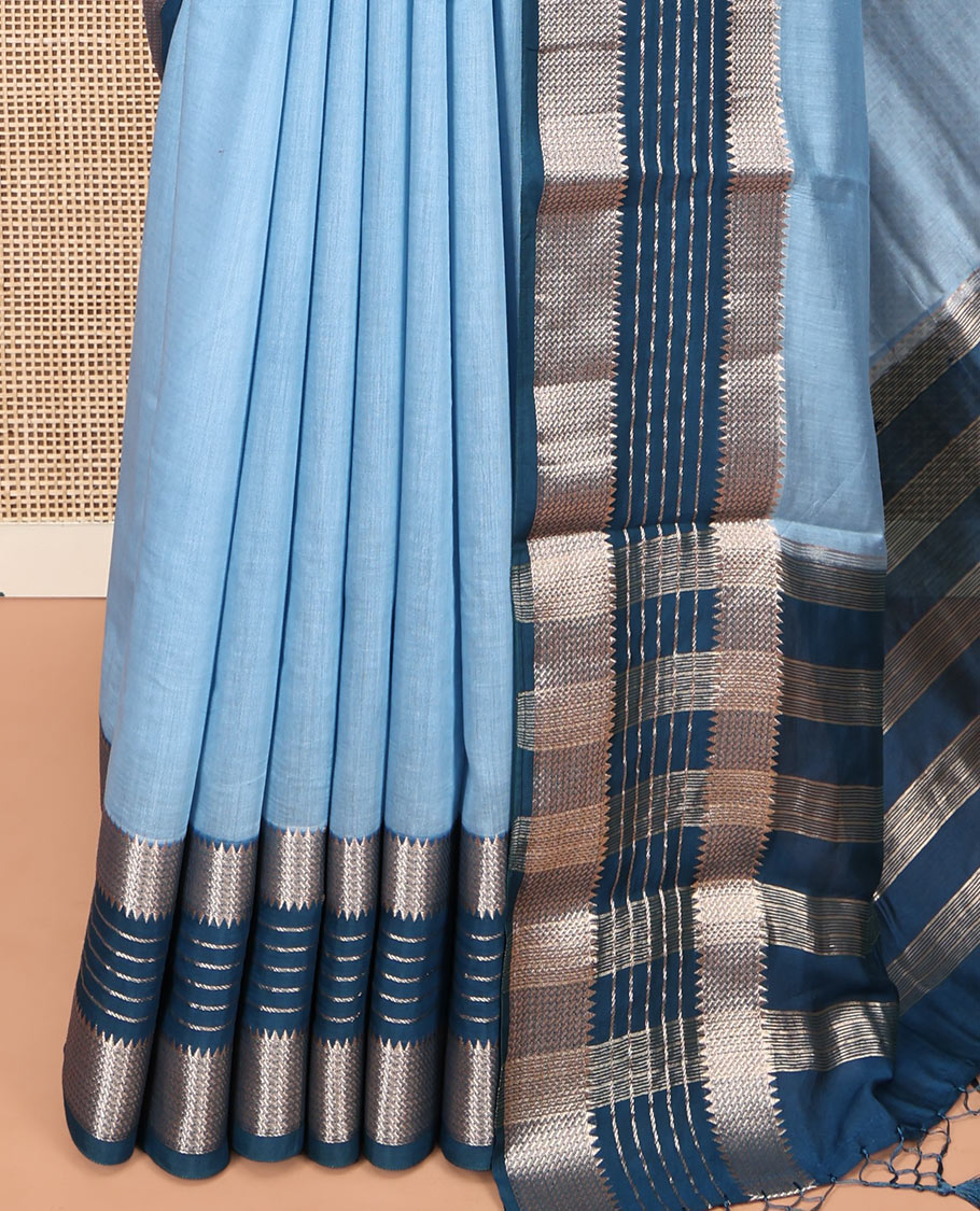 Blue Plain Assam Silk Saree, Complemented by a Contrast Traditional Zari Border, Zari-Striped Pallu, and a Contrast Blouse