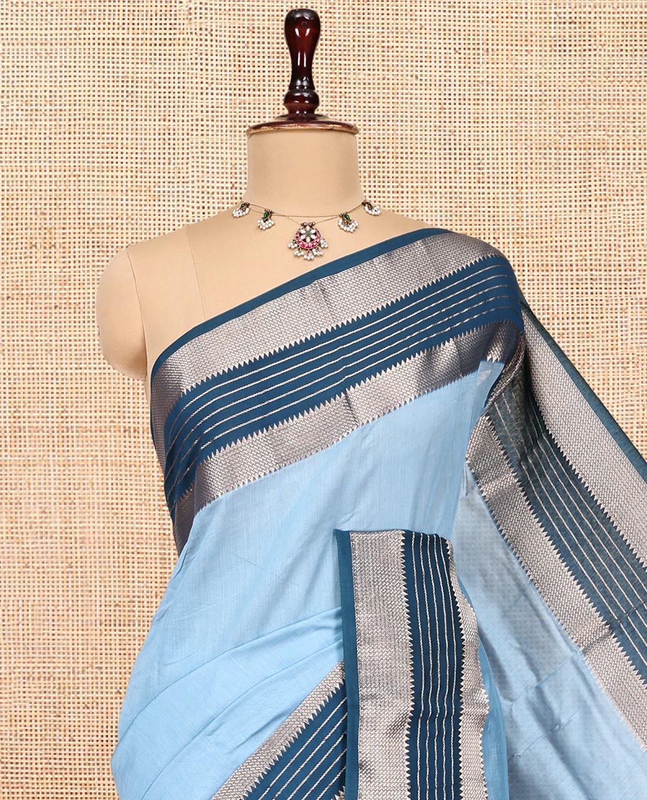 Blue Plain Assam Silk Saree, Complemented by a Contrast Traditional Zari Border, Zari-Striped Pallu, and a Contrast Blouse