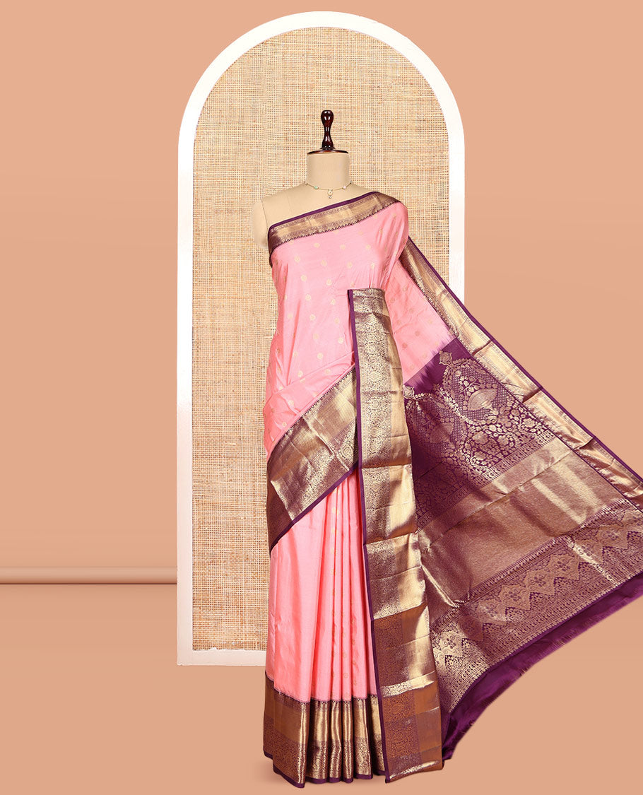 Pink Budget Silk Saree Featuring Zari Buttas, Complemented by Contrast Traditional Border, Grand Pallu, and a Contrast Blouse