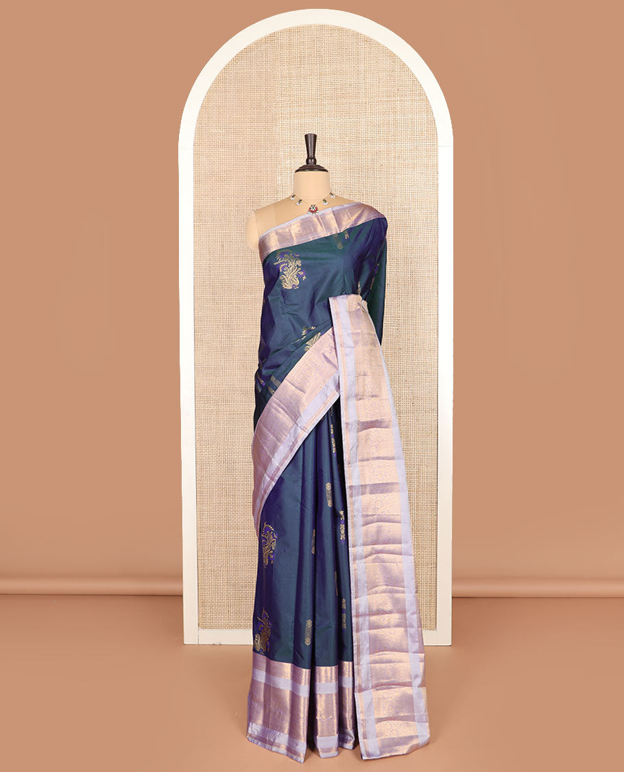 Blue floral zari buttas budget silk saree, contrast traditional zari design border, and zari-rich pallu