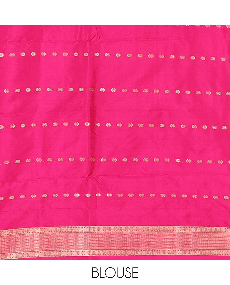 Dark green zari buttas katan silk saree, contrast Mughal style buildings featured border, and pallu mirroring the same border design
