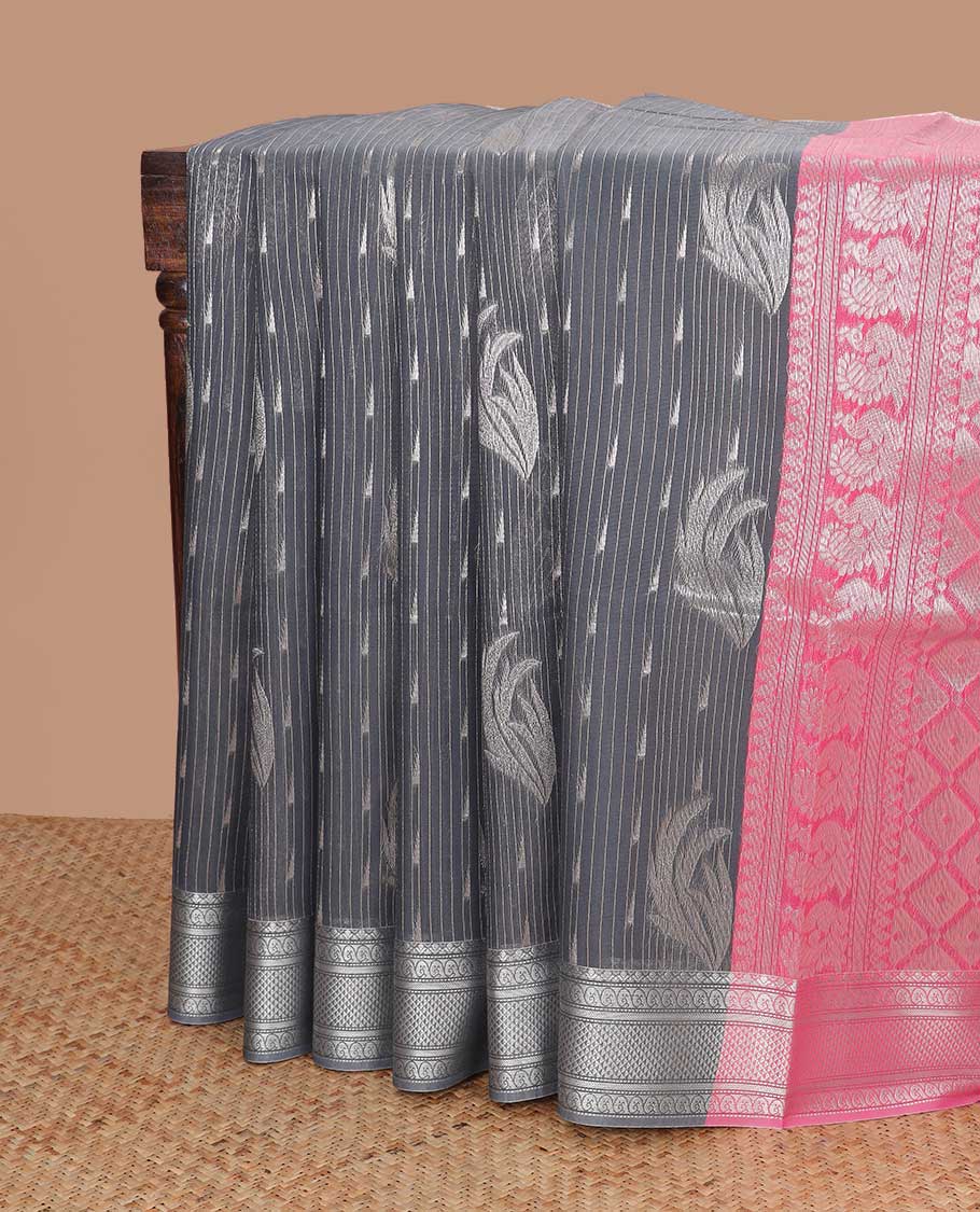 Black striped, floral design semi silk saree with self zari design border & argyle design pallu
