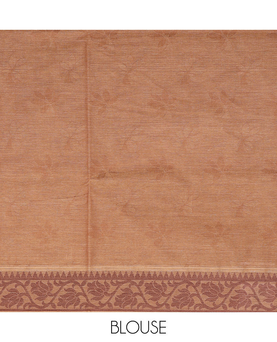 Light brown, sparely woven leaf motifs Coimbatore cotton saree, temple-floral creeper border, & contrast floral-paisley pallu