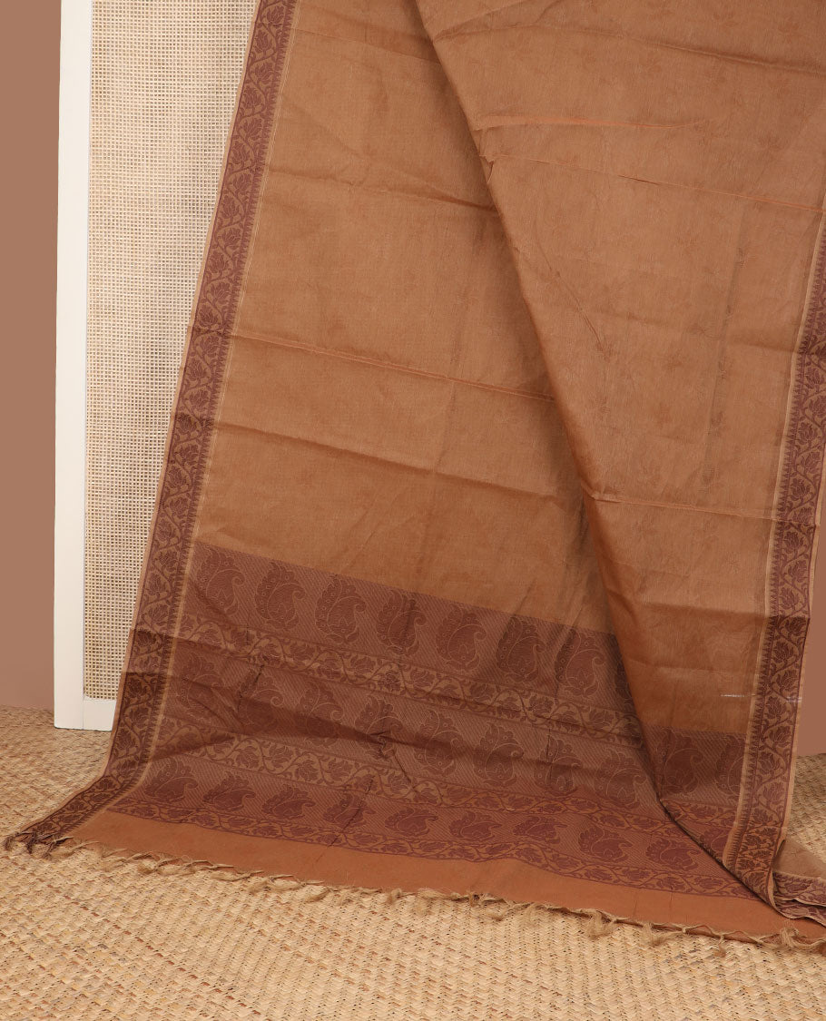 Light brown, sparely woven leaf motifs Coimbatore cotton saree, temple-floral creeper border, & contrast floral-paisley pallu