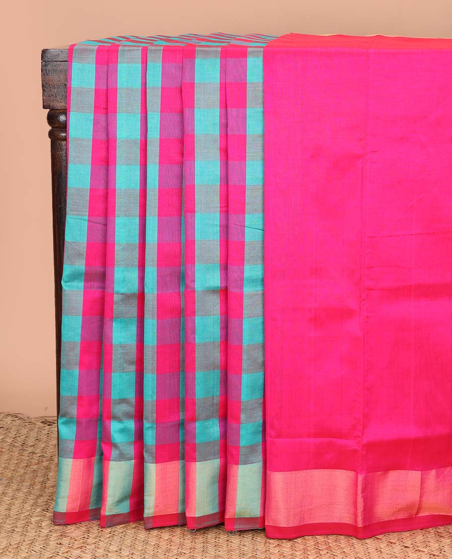 Multi-color medium checked design poly cotton saree, self-border, and contrast striped pallu