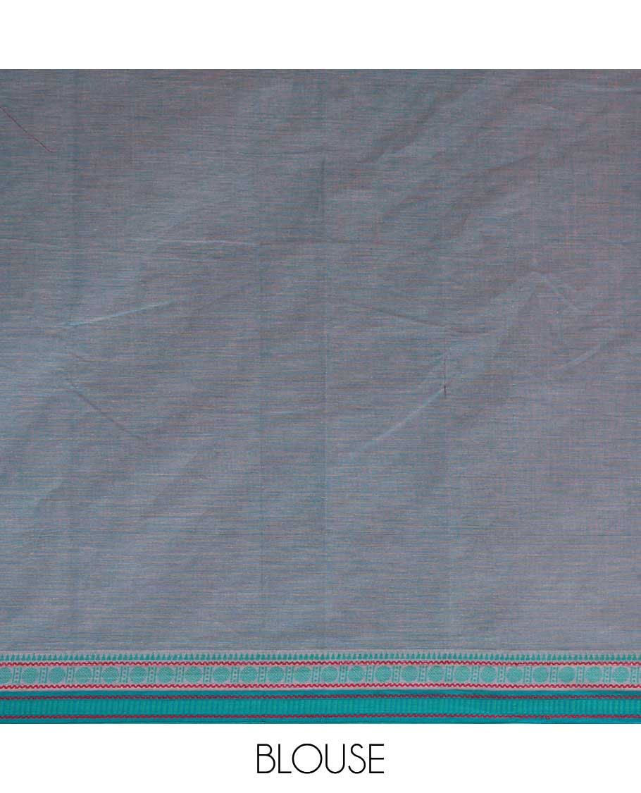 Red kalamkari-style floral vine & elephant chirala cotton saree, contrast traditional design border & pallu of stripes & floral design