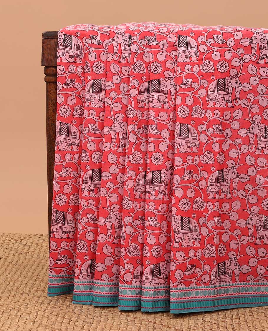 Red kalamkari-style floral vine & elephant chirala cotton saree, contrast traditional design border & pallu of stripes & floral design