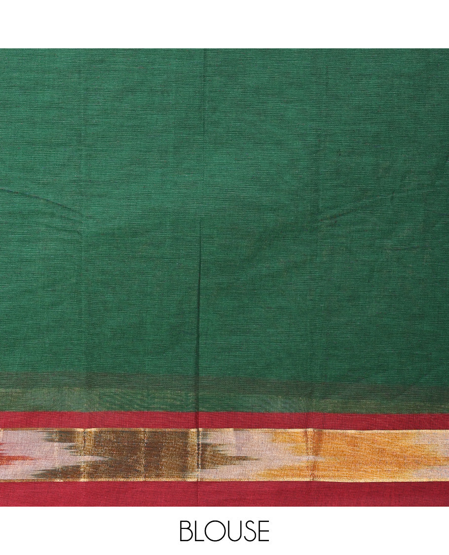 Green buttas kanchi cotton saree, contrast ikkat border, and paisley-geometric pallu