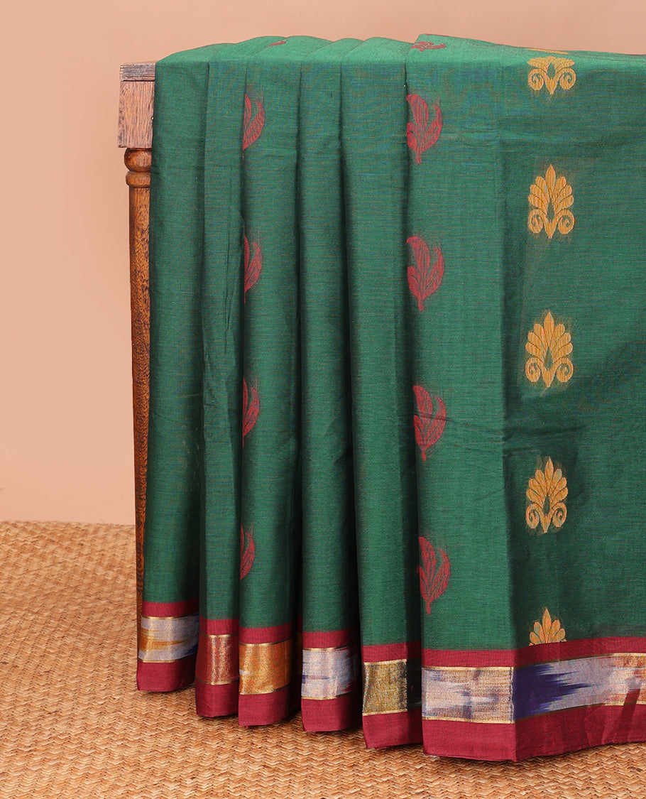 Green buttas kanchi cotton saree, contrast ikkat border, and paisley-geometric pallu