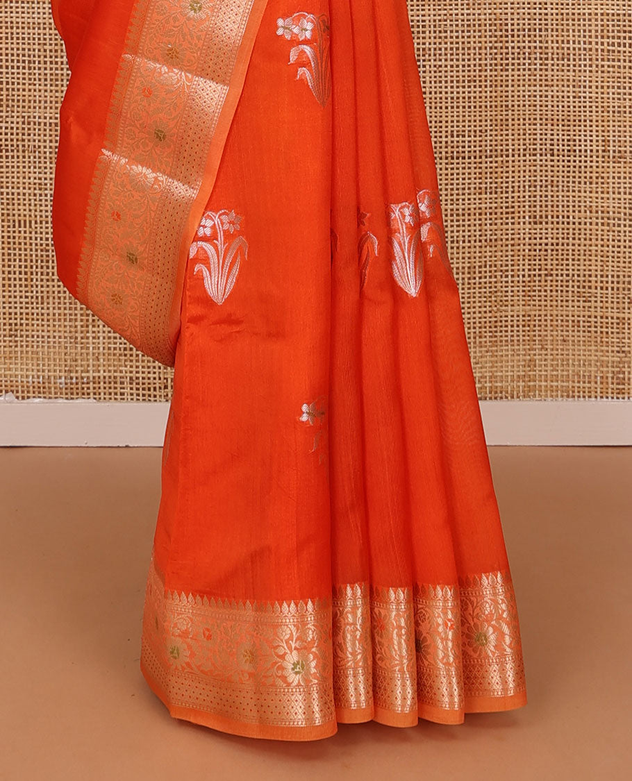 Red floral buttas raw mango silk saree, contrast traditional zari design border, and intricate pallu