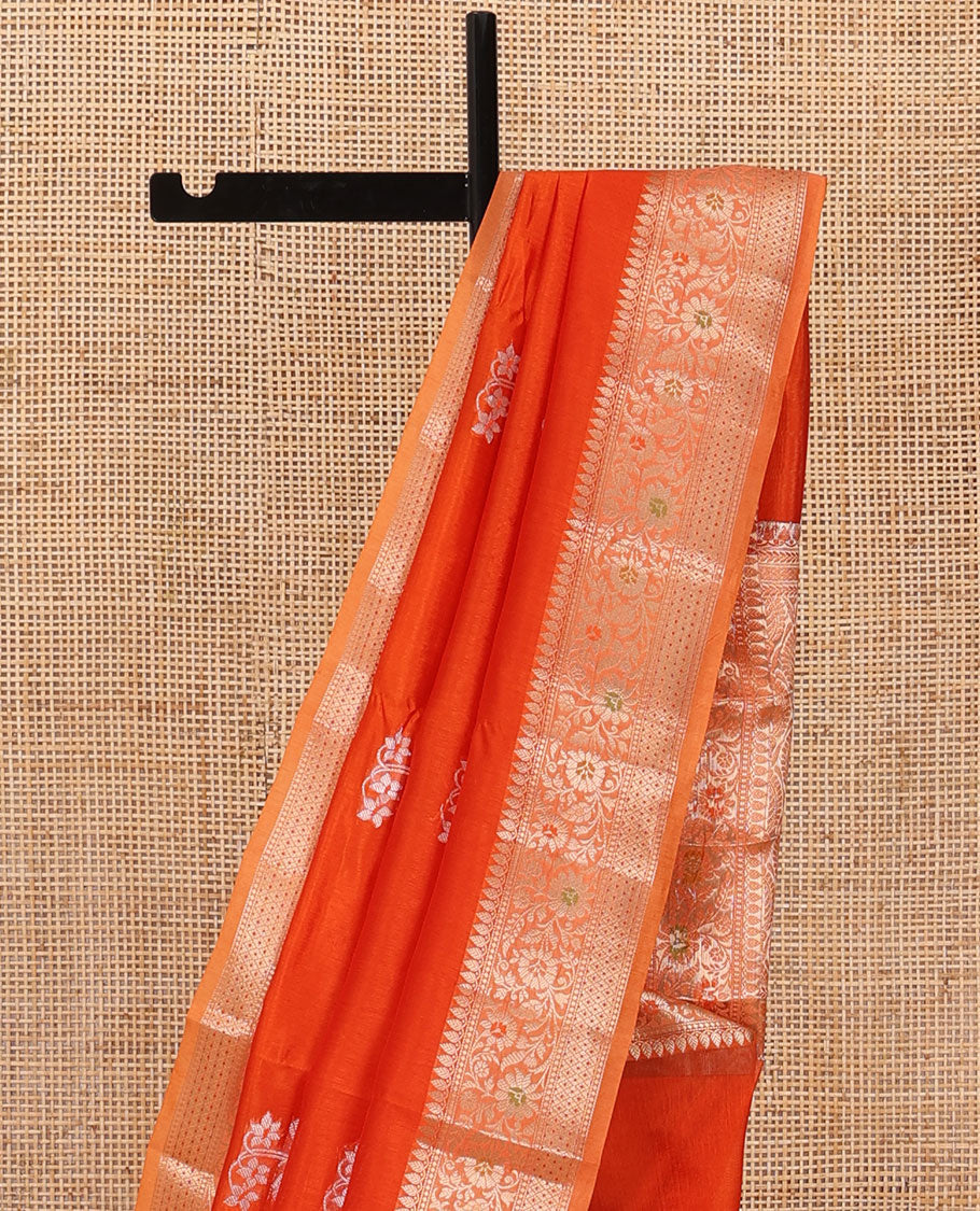 Red floral buttas raw mango silk saree, contrast traditional zari design border, and intricate pallu