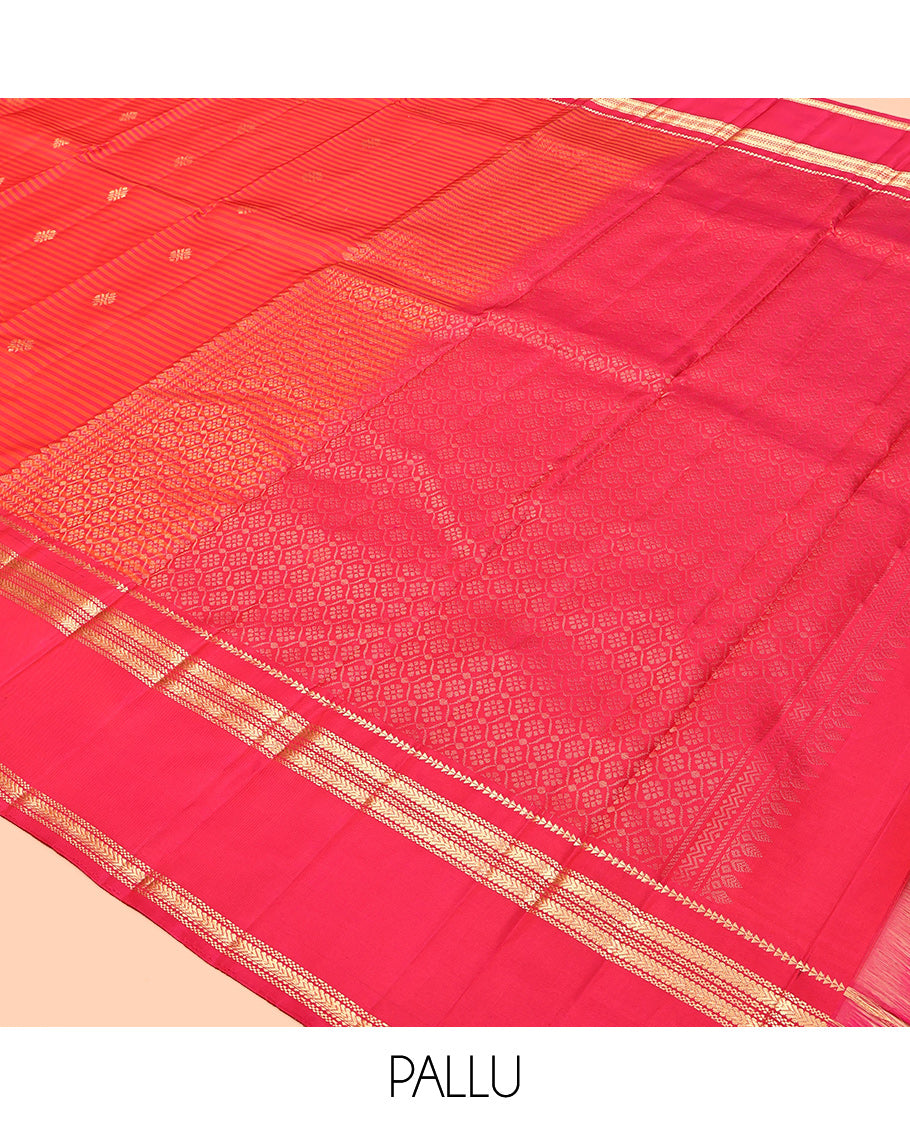 Red Kanchipuram Silk Saree, Subtly Woven with Stripes and Buttas, Highlighted by a Rettai Pettu Border of Ara Bogudi, and Kathir Designs, Ogee Pallu, and a Matching Blouse