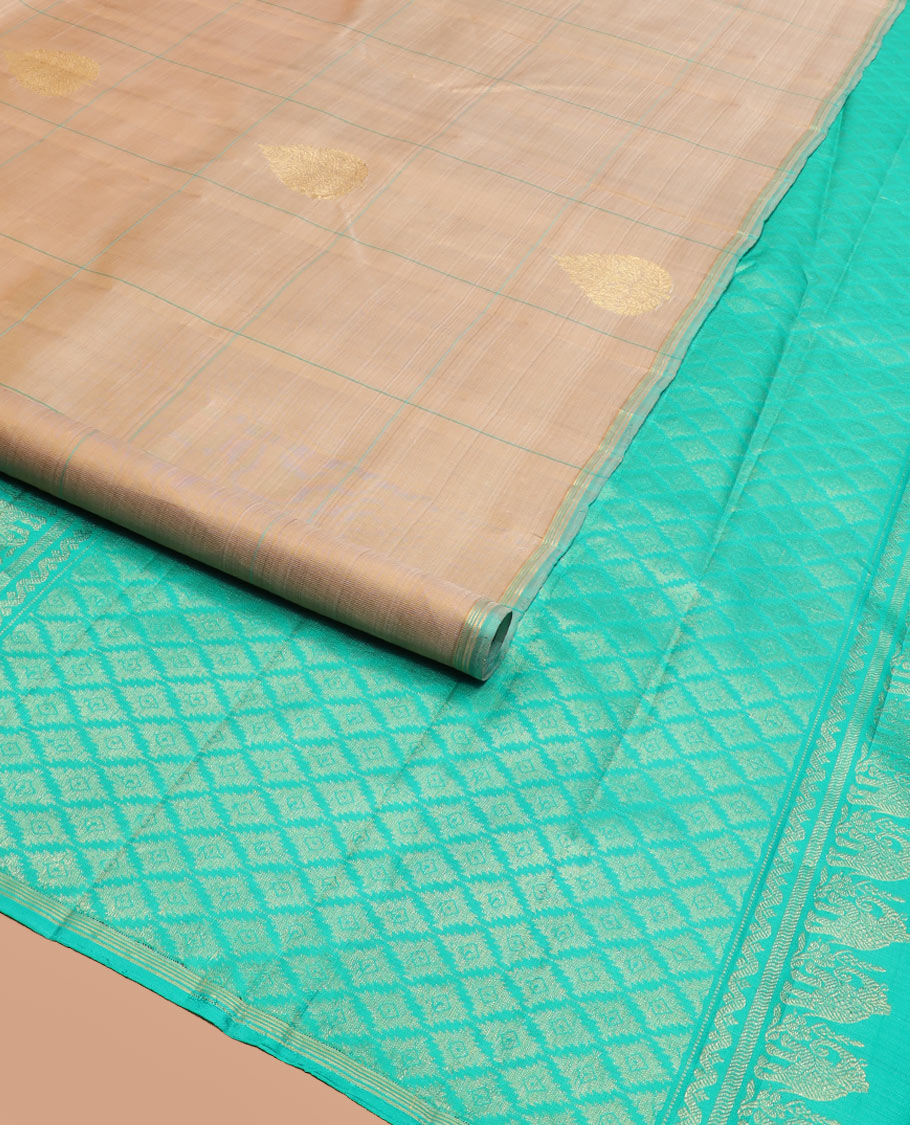 Sandal Kanchipuram Silk Saree Featuring Betel Leaf Zari Buttas Enclosed in Checks, Complemented by a Contrast Thin Border, Pallu Flanked by Yannai and Jaal Designs, Paired with a Contrast Plain Blouse