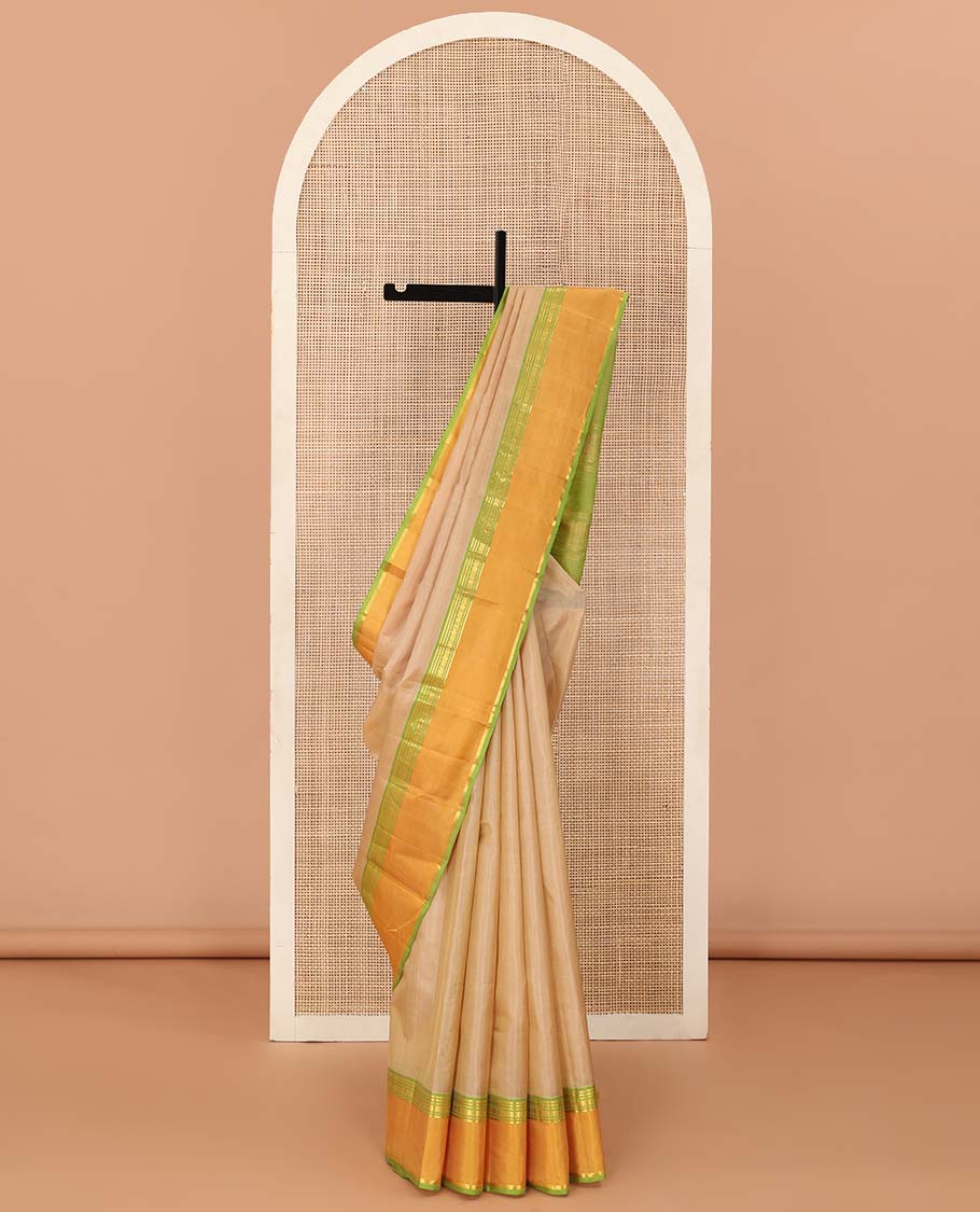 Sandal plain Kanchipuram silk saree, contrast rettai pettu border of rekku, banaras, cross kamalam, and poun designs, and zari design pallu