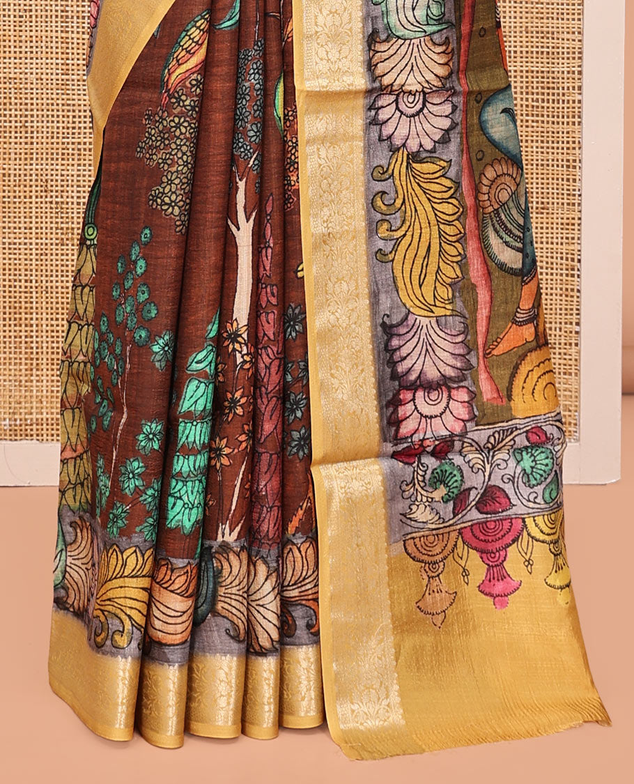 Brown Kalamkari Printed Semi-Banarasi Tussar Saree, Embellished with Floral Design, Contrast Border, Pallu of Lord Krishna Design, and a Contrast Blouse
