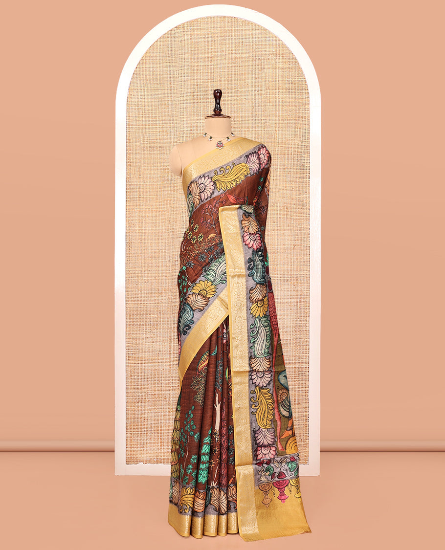 Brown Kalamkari Printed Semi-Banarasi Tussar Saree, Embellished with Floral Design, Contrast Border, Pallu of Lord Krishna Design, and a Contrast Blouse