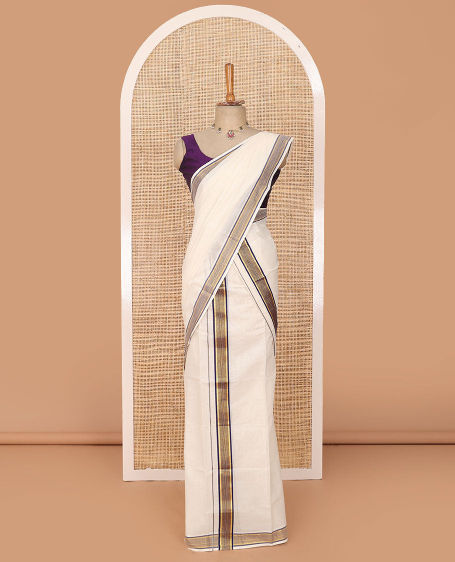 Cream plain Kerala mundu set with contrast striped border