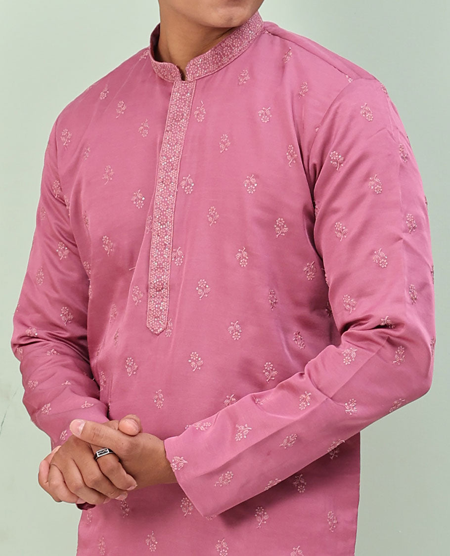 Pink floral buttas embroidered & neck floral work full-sleeved kurta