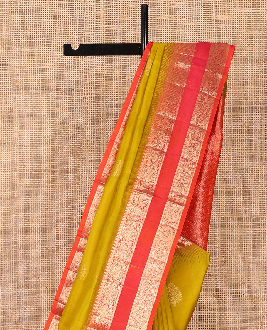 Yellow zari buttas soft silk saree, contrast rettai pettu border of thilakam,banaras & chakram designs & jaal pallu