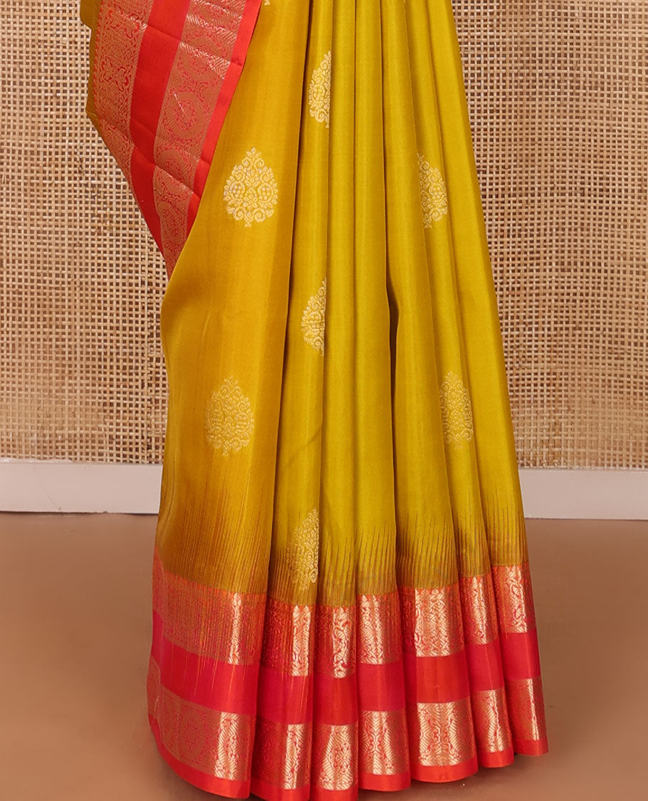 Yellow zari buttas soft silk saree, contrast rettai pettu border of thilakam,banaras & chakram designs & jaal pallu