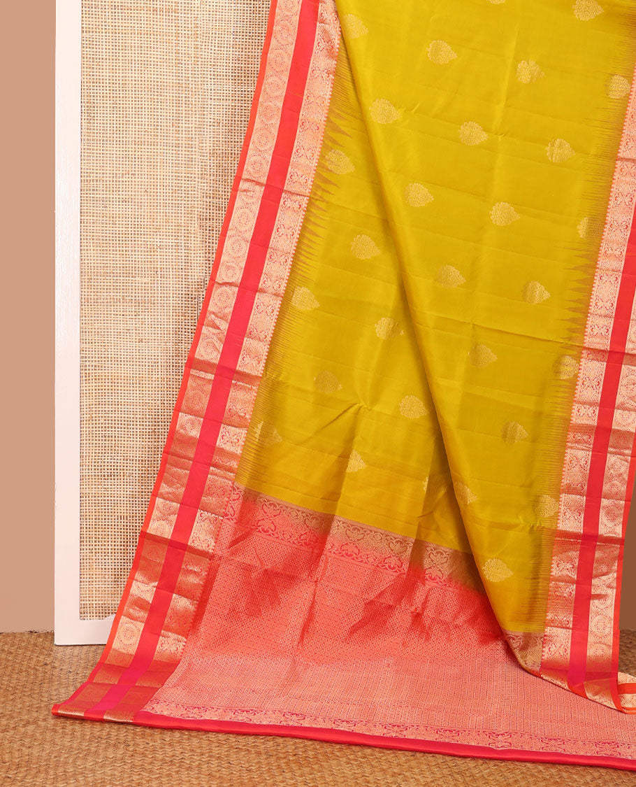 Yellow zari buttas soft silk saree, contrast rettai pettu border of thilakam,banaras & chakram designs & jaal pallu