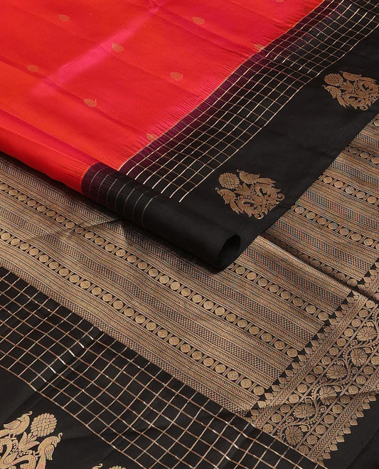 Red zari buttas soft silk saree, contrast zari checked border of peacock motifs & traditional motifs steeped pallu