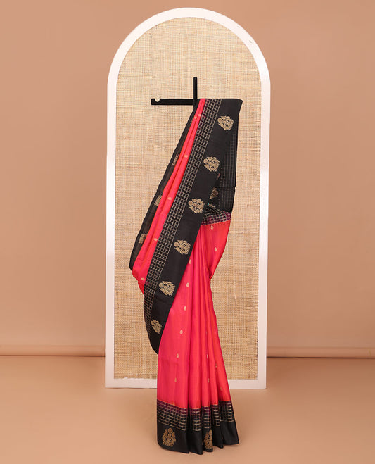 Red zari buttas soft silk saree, contrast zari checked border of peacock motifs & traditional motifs steeped pallu