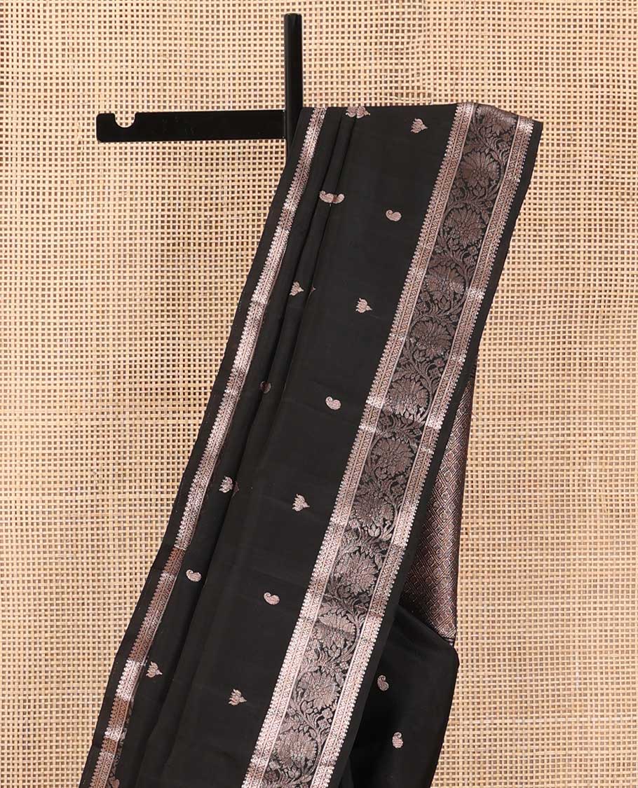 Black manga and pichwai lotus buttas soft silk saree, zari border of thilakam mokku and kodi visiry designs, and intricate pallu