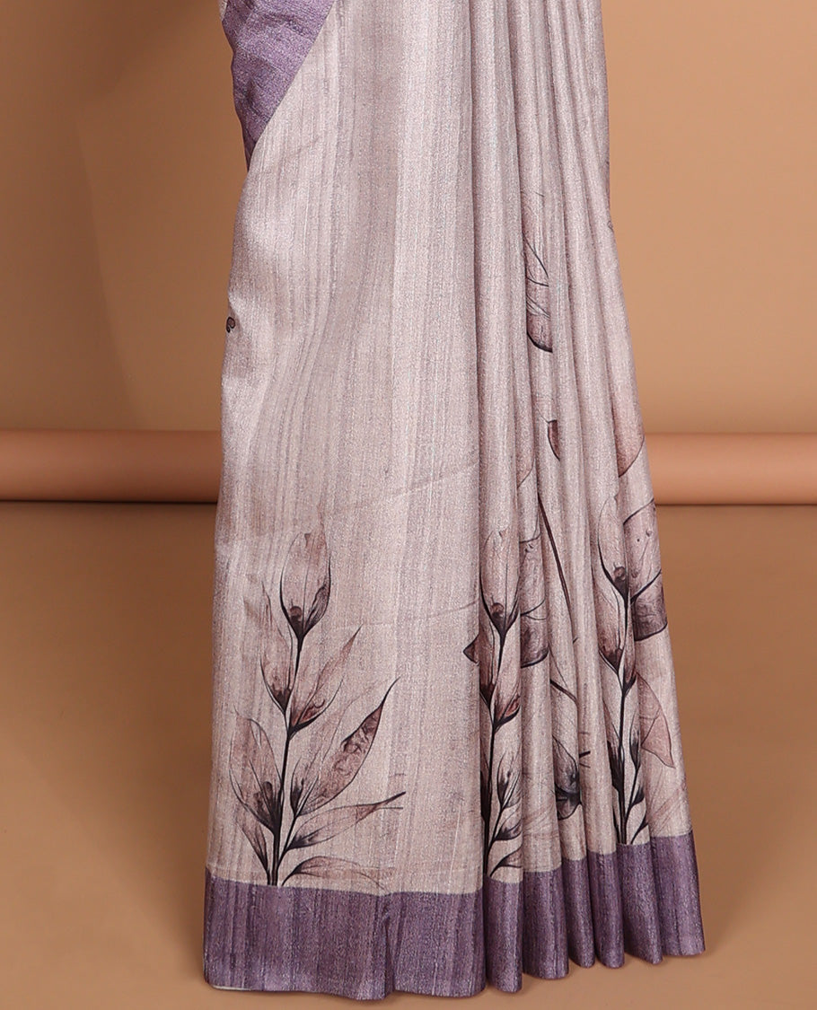 Cream with violet leaf digital printed design semi-tussar saree with contrast border & printed pallu, tussles along with contrast plain blouse