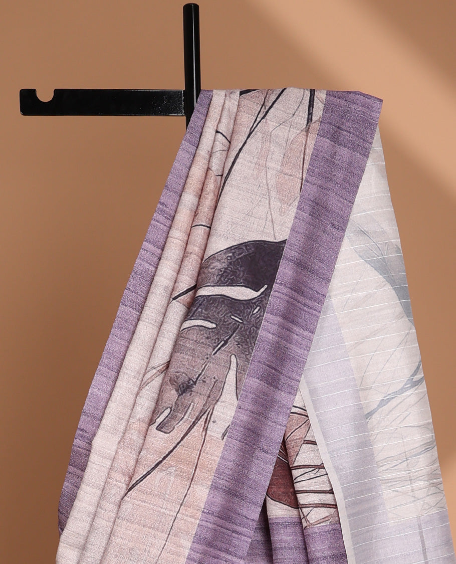 Cream with violet leaf digital printed design semi-tussar saree with contrast border & printed pallu, tussles along with contrast plain blouse