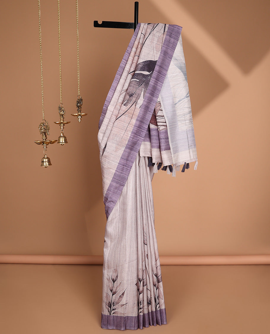 Cream with violet leaf digital printed design semi-tussar saree with contrast border & printed pallu, tussles along with contrast plain blouse