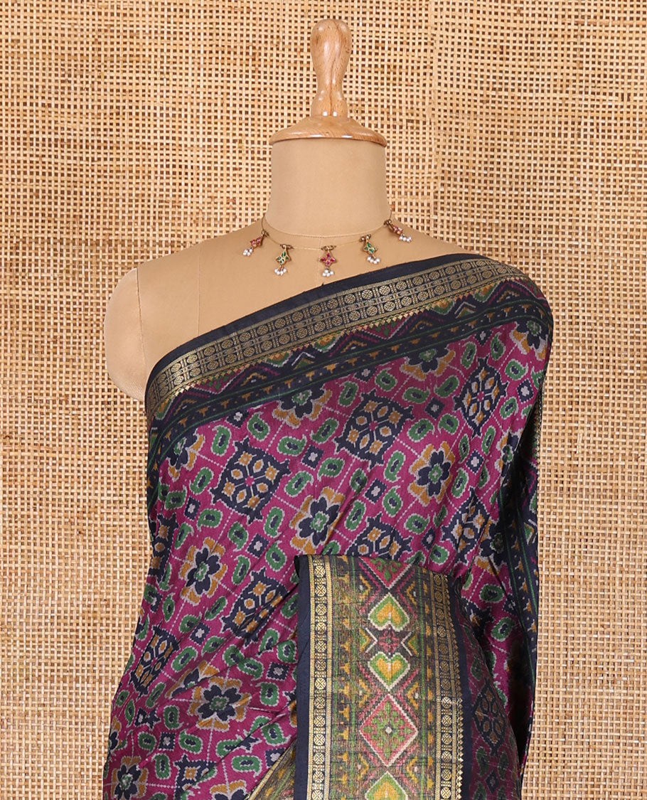 Navy blue intricate design patola saree, contrast traditional zari and double-ikkat style border, printed pallu, and blouse of print, and zari work