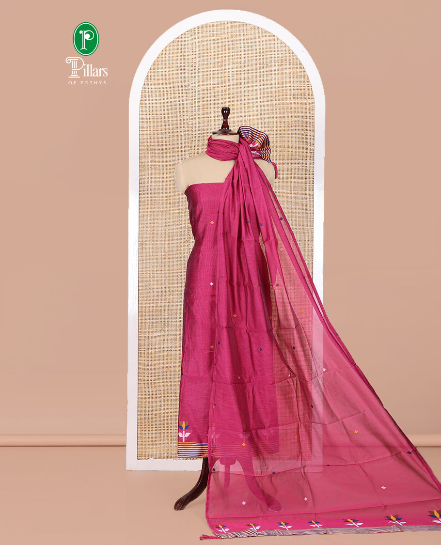 Rani Pink Mul Chanderi Material Churidar Features Jamdani-Style Meena Buttas Top, a Plain Bottom, and a Jamdani-Style Dupatta