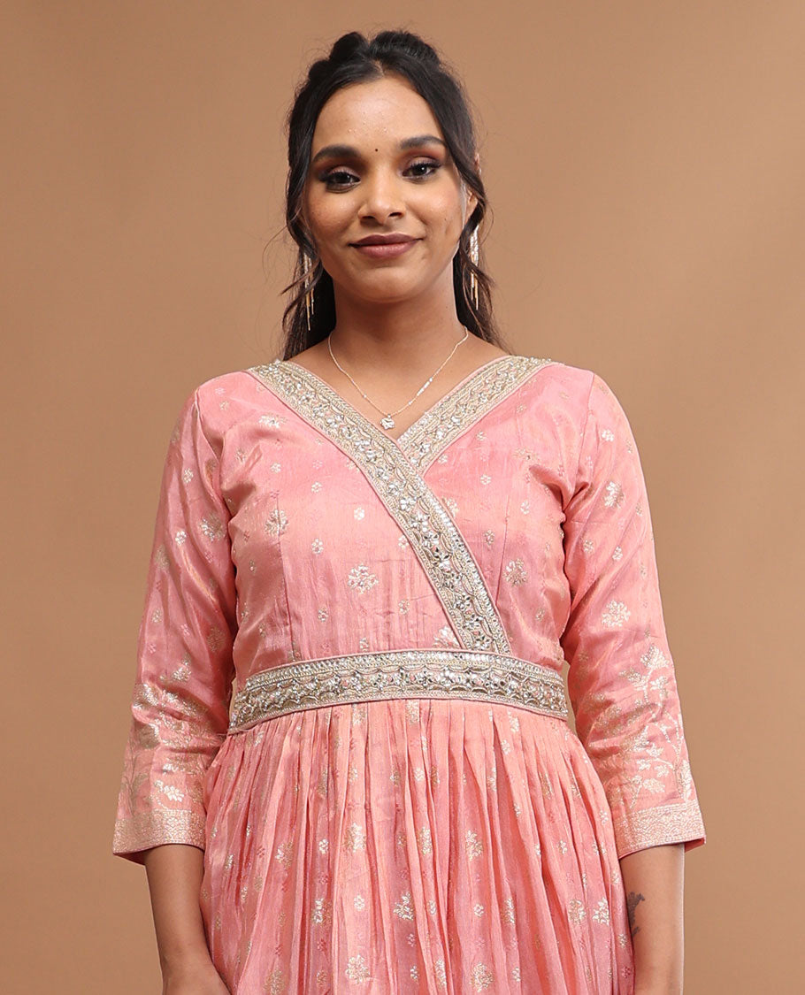 baby pink floral embroidered v neck, 3/4 th sleeve,floor length length top & floral zari design dupatta