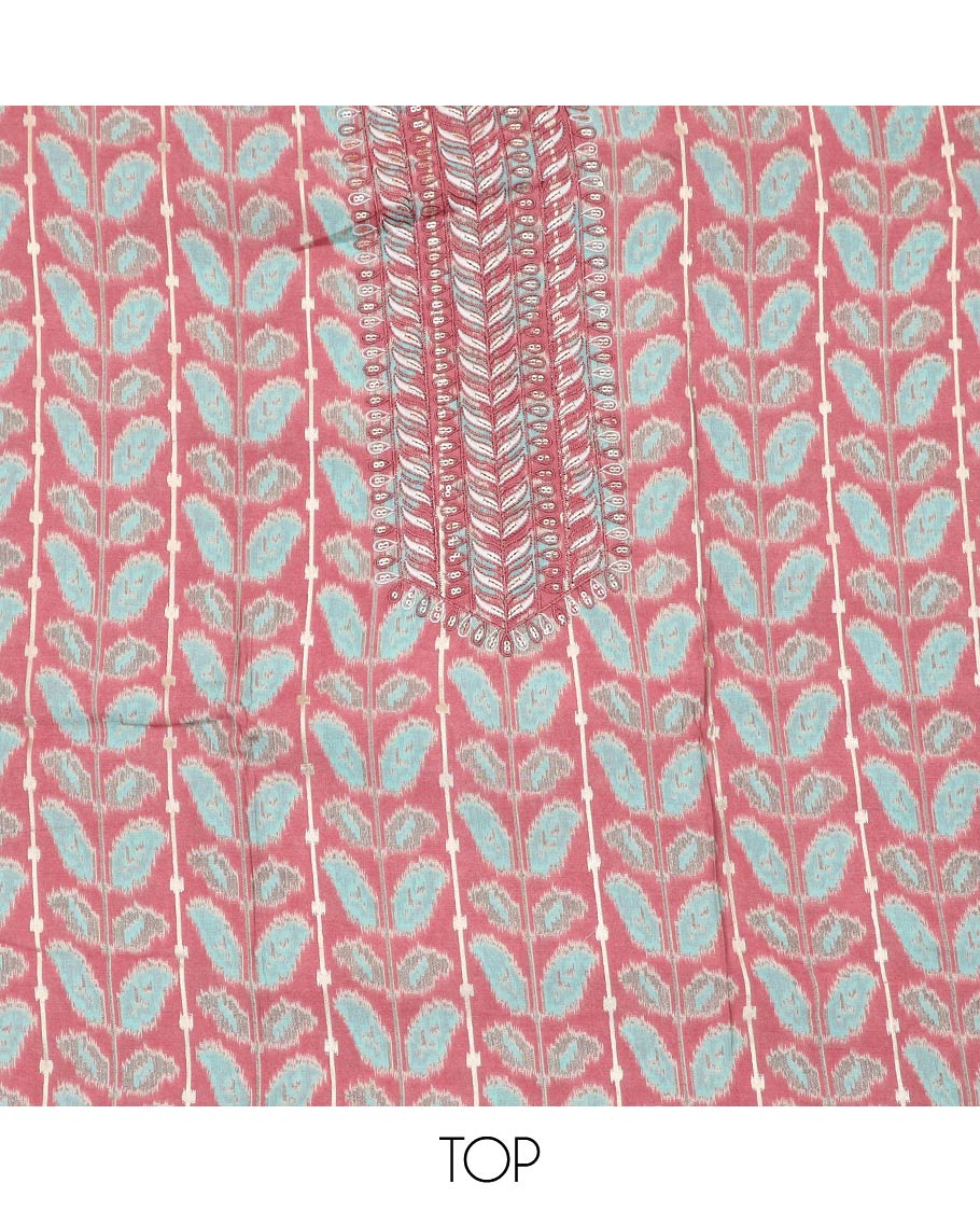 Pink material chudidar set, ikkat style printed and thread neck embroidered top, plain bottom and paisley vine sequins embroidered dupatta