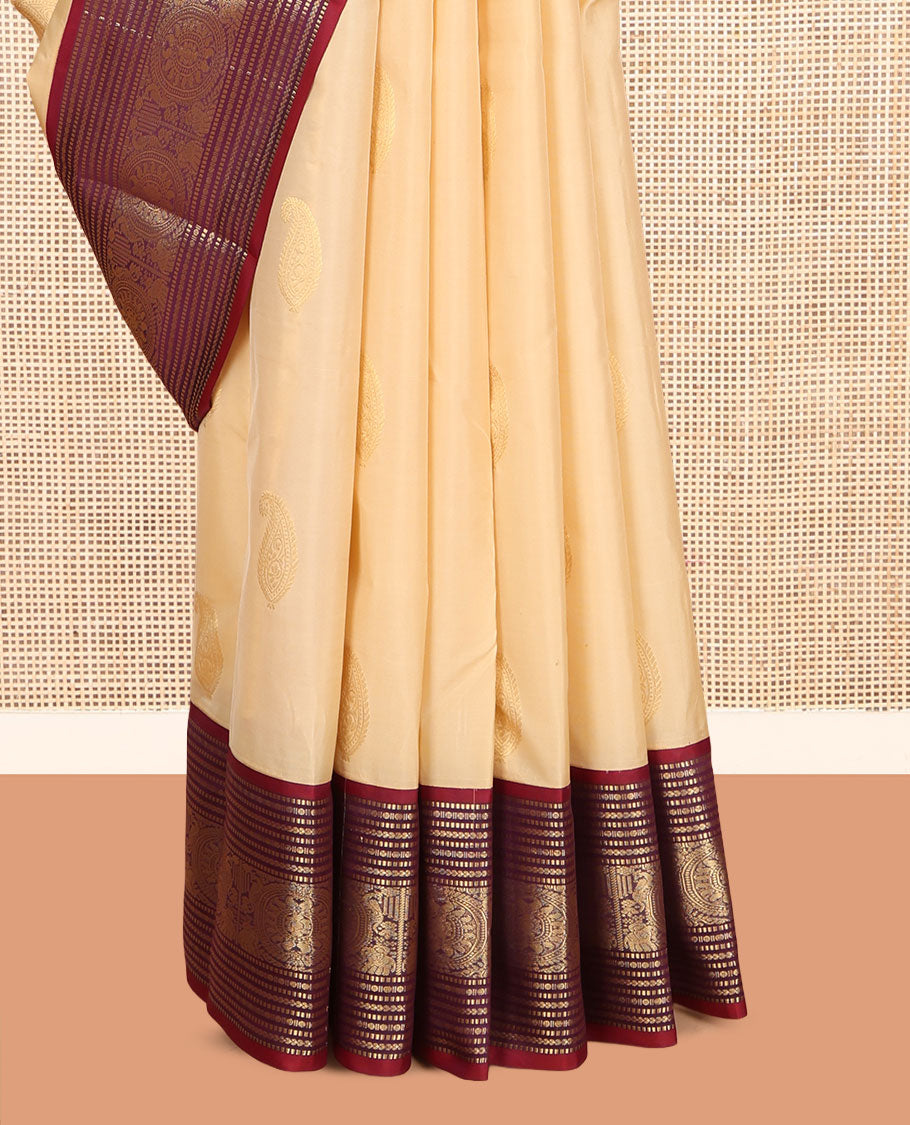 Cream Vasundhara Lite Silk Mix Saree, Subtly Sparkled with Zari Buttas, a Contrast Border of Muthu, Paisa, Yaanai, Mayil, and Chakram Designs, Grand Pallu, and a Contrast Blouse