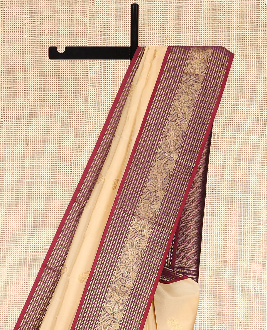 Cream Vasundhara Lite Silk Mix Saree, Subtly Sparkled with Zari Buttas, a Contrast Border of Muthu, Paisa, Yaanai, Mayil, and Chakram Designs, Grand Pallu, and a Contrast Blouse