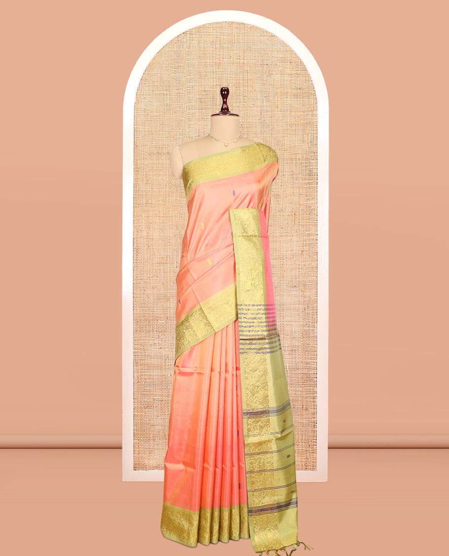 Peach Banana Pith Saree, Woven with Buttas, a Contrast Floral-Animal Zari Border, Pallu of Stripes and Buttas, and a Contrast Blouse