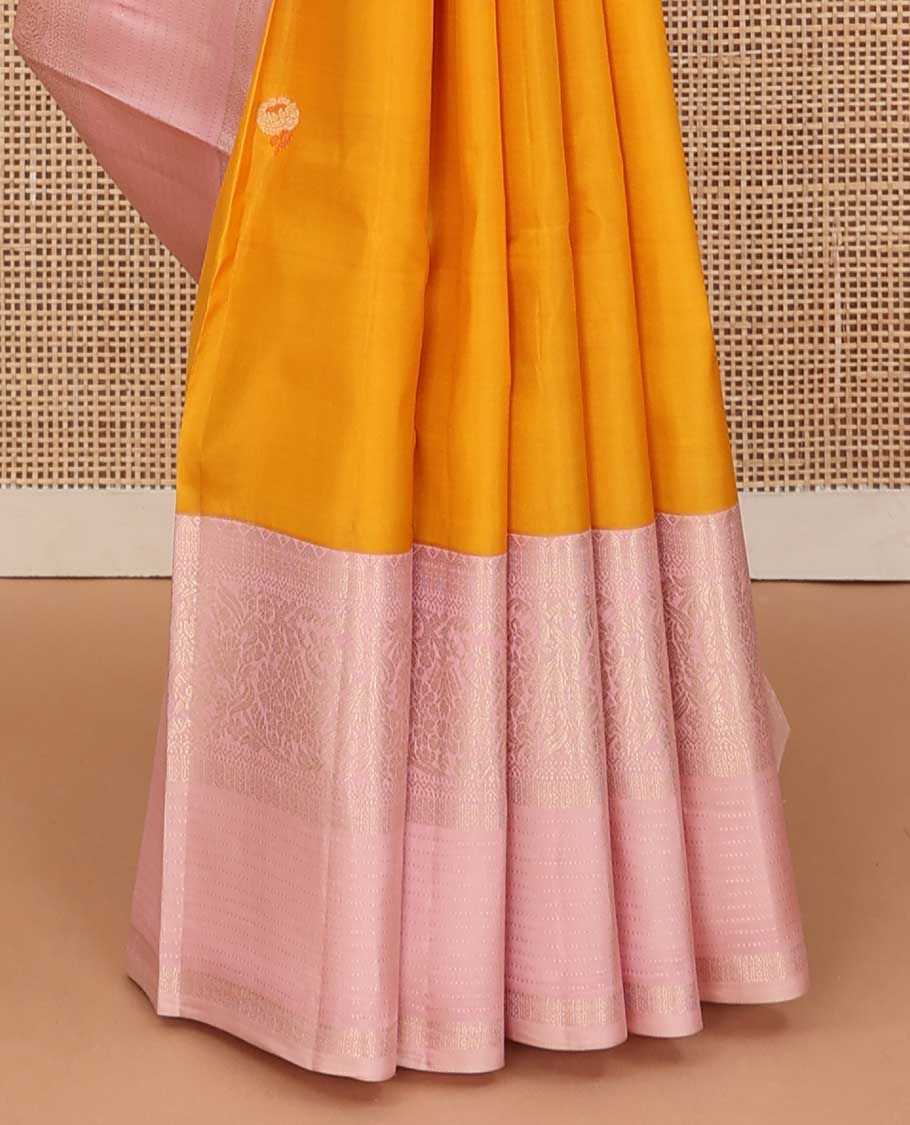 Mango yellow meena buttas silk saree, contrast traditional zari border and pallu of zari rich jaal designs